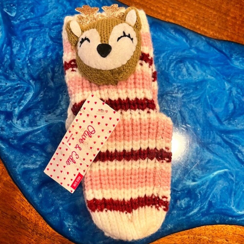 Olive & Edie Size S/M Girls Reindeer Pink Stripe Knit Grip Mittens Gloves NWT